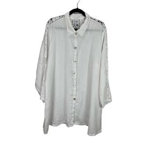 Match Point Women’s White Linen Tunic Lagenlook Button Down Blouse Top size L
